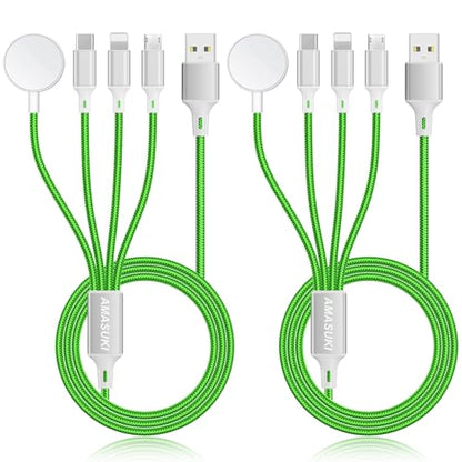 2Pack Multi Charging Cable for Apple Watch Charger 4 in 1 Travel Essentials RV Camping Essentials USB C/L/Micro Compatible with iWatch Series 11-1/iPhone 17/16/15/Android Airplane Gadgets-4FT/Green - color: Green, size: 4FT+4FT