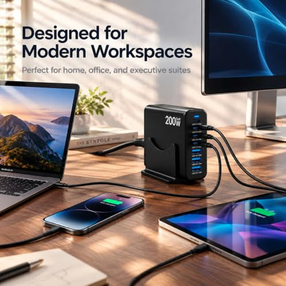 200W GaN Charging Station, 6-Port USB-C Desktop Charger - color: Black-200