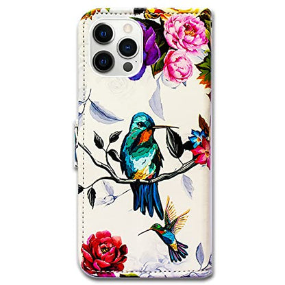 Bcov Case for iPhone 14 Pro, Hummingbird in Flowers Bird Leather Flip Phone Case Wallet Cover with Card Slot Holder Kickstand for iPhone 14 Pro - color: Hummingbird In Flowers