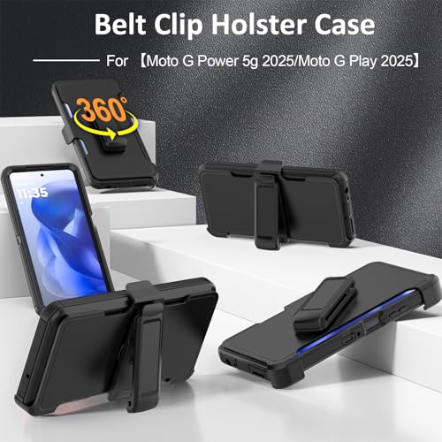 Rugged Phone Case for Moto G Power 5G 2025/Moto G Play 2025, with Belt Clip Holster & Kickstand Heavy Duty Shockproof Protective Full Body Case (Black) - color: Black