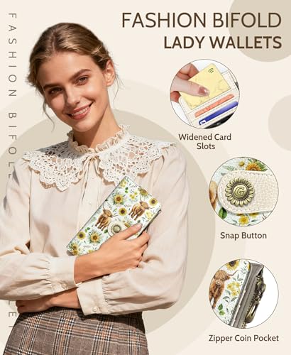 GIANCOMICS Highland Cow Womens Wallet RFID, Cute Credit Card Holder Bifold | Billfold, Cute Cash Purse, Travel Zipper Coin Pocket, Compact Clutch, PU Leather, ID Window, 11 Card Slots, Ladies Gift Woman - color: Highland Crow and Sunflowers