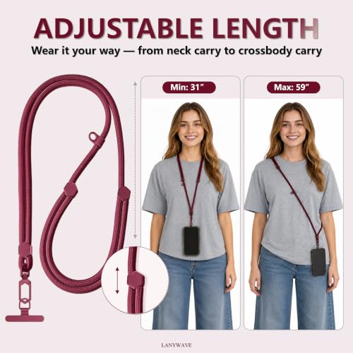 Adjustable Crossbody Phone Lanyard, Braided Cord with Tether Tab - color: Red