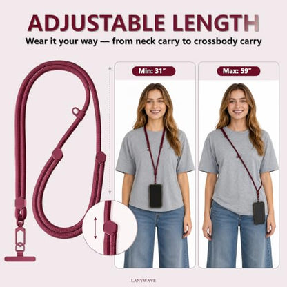 Adjustable Crossbody Phone Lanyard, Braided Cord with Tether Tab - color: Red