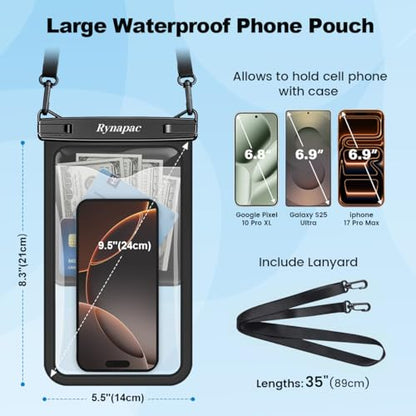 Rynapac Large Waterproof Phone Pouch [Up to 10"] - 2 Pack IPX8 Waterproof Phone Case for iPhone 17 16 15 Pro Max Galaxy S26 Ultra, Touchscreen & Underwater Photography, Beach Cruise Essentials 2026 - color: [Black + Pink] Large Waterproof Phone Pouch, siz