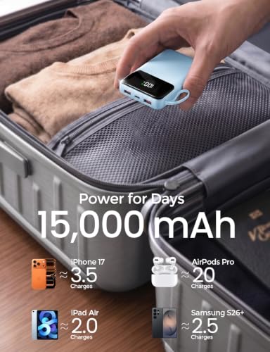 15000mAh Portable Charger Power Bank, Smaller Built-in 4 Cables SkyBlue - color: SkyBlue