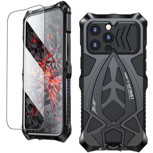 Armor Phone Case for iPhone 15 Pro Max Military Grade Drop Tested 360 Full Protection Cover Heavy Duty Hybrid Metal Bumper Built-in Silicone Shockproof Dustproof with Screen Protector - Black | Armor Heavy Duty, Full Body Cover, Aluminium Bumper, Built-in