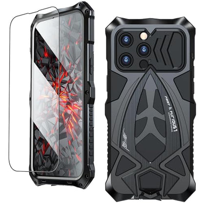 Armor Phone Case for iPhone 15 Pro Max Military Grade Drop Tested 360 Full Protection Cover Heavy Duty Hybrid Metal Bumper Built-in Silicone Shockproof Dustproof with Screen Protector - Black | Armor Heavy Duty, Full Body Cover, Aluminium Bumper, Built-in