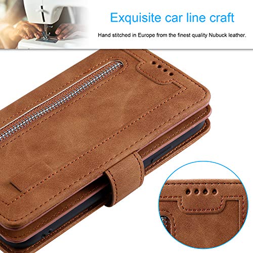 EYZUTAK Wallet Phone Case for Samsung Galaxy A16 4G/5G, Retro Matte 9 Card Holder Slots Zipper Pocket Handbag Case PU Leather Magnetic Closure Kickstand with Wrist Strap Flip Folio Purse Case - Brown - color: Brown, size: Samsung Galaxy A16 4G/5G