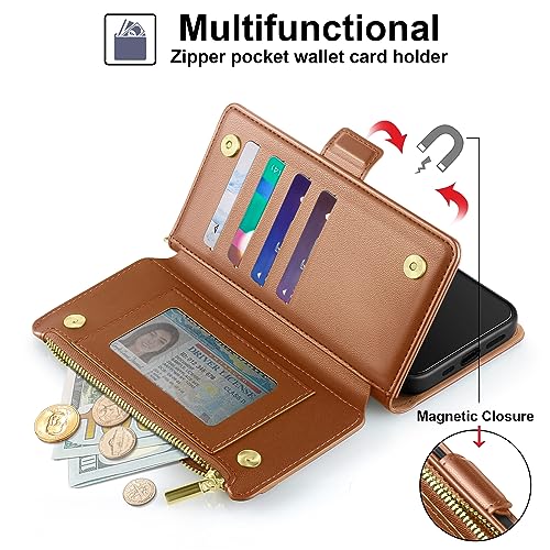 Antsturdy Compatible with Google Pixel 9 Wallet Case with Card Holder Women Men,Pixel 9 Pro Phone Case PU Leather Flip Protective Cover Wrist Strap Zipper Credit Card Slots RFID Blocking,Light Brown - color: Light Brown