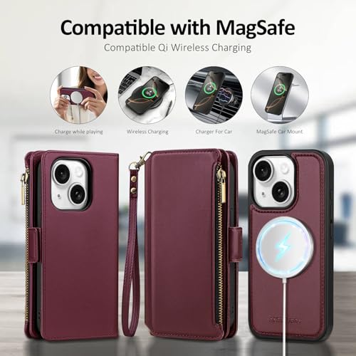 Antsturdy Compatible with MagSafe iPhone 14 Wallet Case,Wine Red | Detachable Magnetic Credit Card Holder,RFID Blocking,PU Leather Zipper Purse,Wrist Strap Kickstand,Flip Phone Cover for Women - color: (Detachable with Magsafe)-Wine Red
