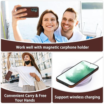 Asuwish Phone Case for Samsung Galaxy S22 5G Zipper Wallet Detachable Cell Cover with Tempered Glass Screen Protector Crossbody Lanyard Strap Flower Card Holder S 22 22S 4G G5 6.1 inch Women Brown - color: Brown
