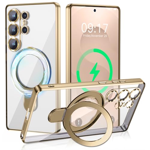 Magnetic Stand & Full Camera Lens Protector Case for Samsung Galaxy S25 Ultra[Compatible with MagSafe][Military Drop Protective]Not Yellowing Clear Slim Soft S25 Ultra Phone Case for Women Men,Gold - color: Gold, size: S25Ultra