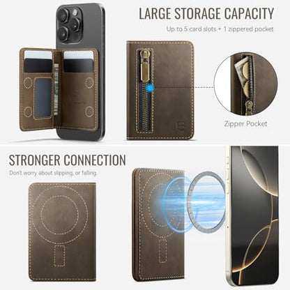 Strapurs Magnetic Card Holder Compatible with MagSafe Phones and Cases, PU Leather Phone Wallet for iPhone 17/16/15/14/13/12/Pro/Max/Plus/Air, 4 Card Slots RFID Blocking with Zipper Pocket - Brown - color: Brown