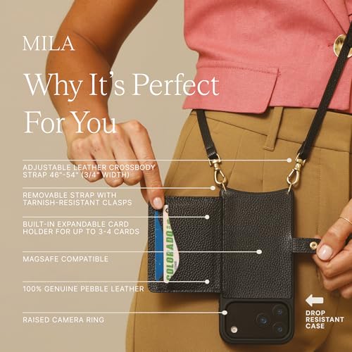 Bandolier Mila Leather Crossbody MagSafe Case iPhone 17 Pro Max- Black/G | Crossbody leather phone case. Built-in card-holder. Adjustable & removable strap. MagSafe Design. Phone drop protection. - color: Black/Gold, size: Iphone 17 Pro