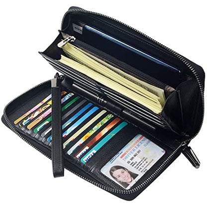Bveyzi Women RFID Blocking Wallet Leather Zip Around Phone Clutch Large Capacity Ladies Travel Purse Wristlet - color: Black