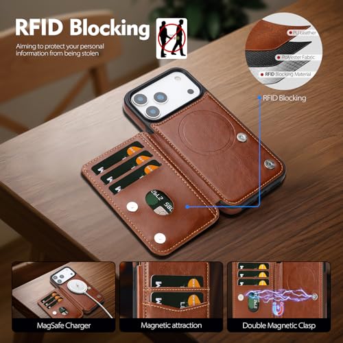 SkyEagle Compatible with MagSafe iPhone 17 Pro Case Wallet,Brown | Magnetic Clasp,RFID Blocking,PU Leather,Flip Folio Shockproof Phone Cover,with Credit Card Slots & Kickstand for Men & Women - color: Brown, size: iPhone 17 Pro - 6.3"