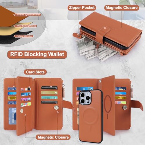 Magnetic Case for iPhone 13 Pro Max Wallet Compatible with Magsafe RFID Blocking Card Holder Detachable Phone Cover Kickstand Snap Strap Zipper Pocket PU Leather 6.7 inch (Brown) - color: Brown, size: iPhone 13 Pro Max
