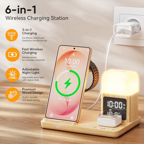 6 in 1 Wireless Charging Station for Samsung Android with Clock & Night Light,Wireless Charger Beside Clock for Galaxy S26 Ultra S25 S24,Galaxy Watch 8/7 Buds 4/3 Pro,Not for Watch 9/Ultra 2 - color: Wood