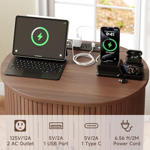 Oval End Table with Charging Station & Sliding Door (1, Walnut) - color: Walnut