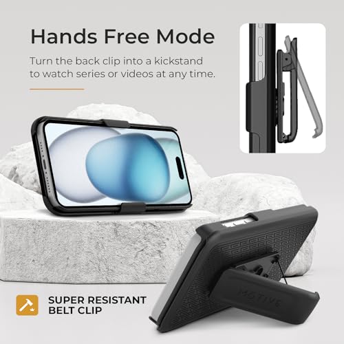 MOTIVE for iPhone 15 Case with Belt Clip, Rigid, Kickstand | 6.1" | Ranger v1 Series, Black, 360° holster, open-top/open-bottom port access, textured grip, slim - size: iPhone 15