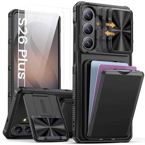 SSLOTSCASE for Samsung Galaxy S26+ Plus Case with 2X Screen Protector, HD Clarity Anti-Scratch, Card Holder & Kickstand & Slide Camera Lens Cover, Heavy-Duty Rugged Phone Cover for S26+ Plus, Black - color: Black-SP, size: S26+ Plus