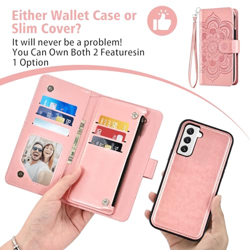 Asuwish Phone Case for Samsung Galaxy S22 5G Zipper Wallet Detachable Cell Cover with Tempered Glass Screen Protector Crossbody Strap Flower Card Holder S 22 22S 4G G5 6.1 inch Women Girls Rose Gold - color: Rose Gold