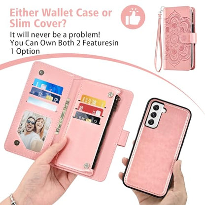 Asuwish Phone Case for Samsung Galaxy S22 5G Zipper Wallet Detachable Cell Cover with Tempered Glass Screen Protector Crossbody Strap Flower Card Holder S 22 22S 4G G5 6.1 inch Women Girls Rose Gold - color: Rose Gold