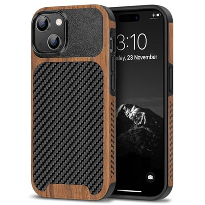 TENDLIN Compatible with iPhone 15 Case Wood Grain with Carbon Fiber Texture Design Leather Hybrid Slim Case (Black) - color: Black, size: iPhone 15