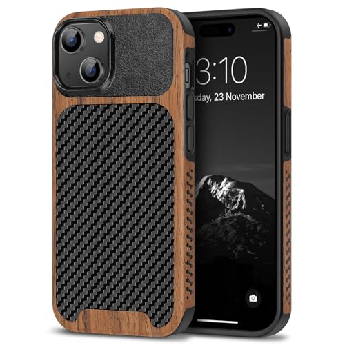 TENDLIN Compatible with iPhone 15 Plus Case Wood Grain with Carbon Fiber Texture Design Leather Hybrid Slim Case (Black) - color: Black, size: iPhone 15 Plus