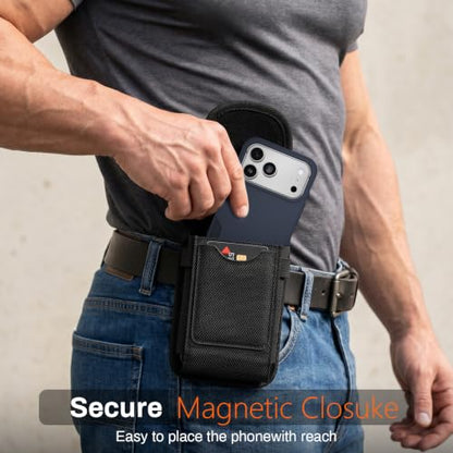 Magnetic Cell Phone Holster with Belt Clip for iPhone Samsung Galaxy | N52 magnetic closure, fits OtterBox. Card slot + pen holders 4-way carry: belt loops, clip, ring For Men, fieldwork, hiking - size: Large