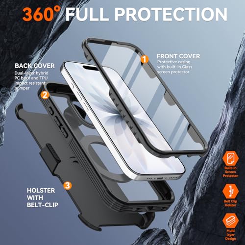 Magnetic for iPhone 17 Case, Compatible with MagSafe, Full Body Rugged Case with Built-in Screen Protector & Kickstand & Belt-Clip (Black) - color: Black