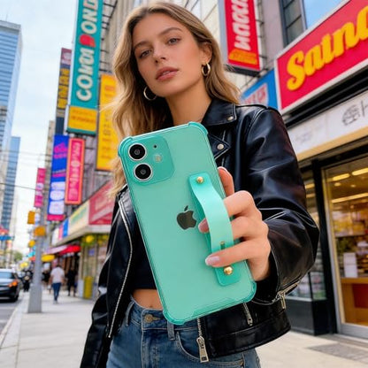 Compatible for iPhone 12 Case with Strap Holder Stand - Green | Wristband Kickstand, Clear Soft TPU, Adjustable Finger Hand Grip Loop, Shockproof Bumper Rugged Cover - color: Green, size: iPhone 12 6.1"