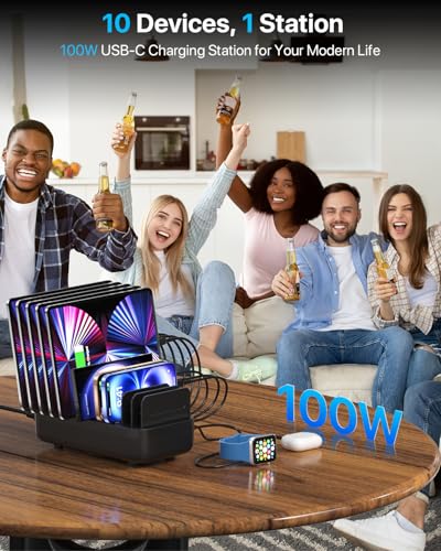 SooPii 100W USB-C Charging Station,10-Port PD Fast Charger,3-Pin Grounded Safety,10pcs Mixed Short Cables Included,Charging Organizer for Phones,Tablets and Other Electronics(Black)