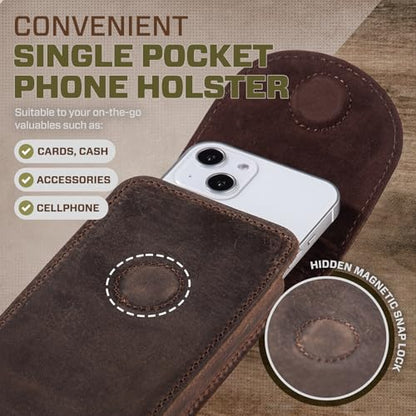 Top Grain Leather Cell Phone Holster Belt Pouch Case with Belt Clip - color: Coffee