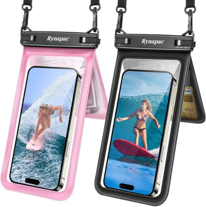 Rynapac IPX8 Double Space Waterproof Phone Pouch up to 8.5'', 2 Pack | Face Unlock, Touchscreen, Underwater Photography, for iPhone 17 16 15 14 Pro Max, Includes Lanyard, Beach Cruise Essentials - color: Black & Pink