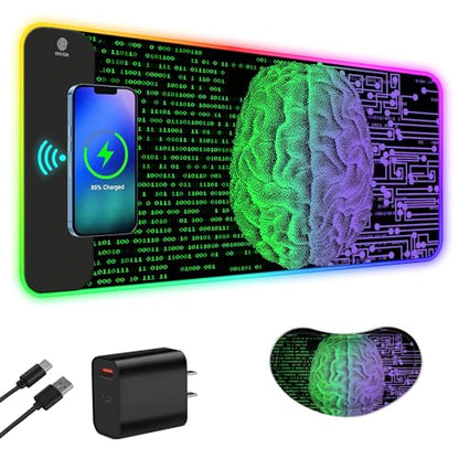ToLuLu Wireless Charging RGB Gaming Mouse Pad, 15W LED Mouse Mat with 30W Charger, 14 Light Modes Large Mousepad Wrist Support, Non-Slip Rubber Base Desk Mat Computer Keyboard Pad, Right Left Brain - color: Right Left Brain