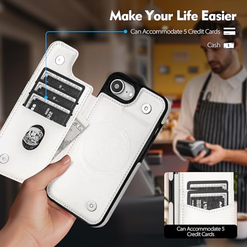 SkyEagle Compatible with MagSafe iPhone 17e / 16e Case Wallet,White | Magnetic Clasp,RFID Blocking,PU Leather,Flip Folio Shockproof Phone Cover,with Credit Card Slots & Kickstand for Men & Women - color: White