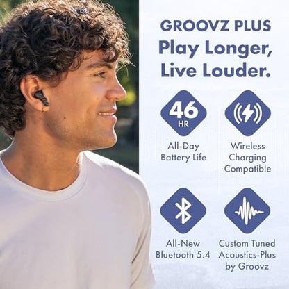 Groovz Plus True Wireless Earbuds with Wireless Charging Case -Designed in the USA -IPX4 Water Resistant Bluetooth Earbuds Compatible with Apple & Android, 46Hr Battery, Dual Microphone Classic Blue