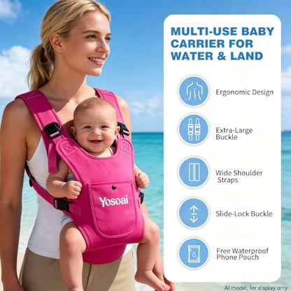 Yosoai Premium Neoprene Water Baby Carrier, Safer Wider 50mm Strap & 60mm Slide Lock Buckle, Ergonomic X+H Back Support, Quick Dry Land & Water Baby Carrier with Waterproof Phone Pouch - color: Hot Pink