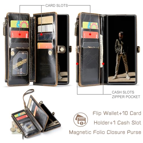 Defencase for Samsung Galaxy S22 Ultra Wallet Case with Card Holder, Coffee | Durable PU Leather, with RFID Blocking Zipper Pocket, Wrist Strap, S22 Ultra Flip Phone Cases Cover with Stand for Women Men - color: Luxury Coffee
