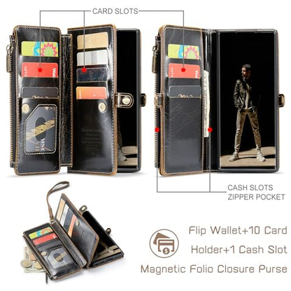 Defencase for Samsung Galaxy S22 Ultra Wallet Case with Card Holder, Coffee | Durable PU Leather, with RFID Blocking Zipper Pocket, Wrist Strap, S22 Ultra Flip Phone Cases Cover with Stand for Women Men - color: Luxury Coffee