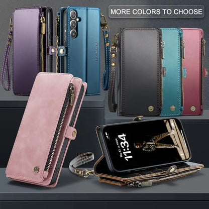 Defencase for Samsung Galaxy A15 5G Wallet Case with Card Holder, Rose Pink | Durable Soft PU Leather, with RFID Blocking Zipper Pocket & Wrist Strap, Flip Phone Cases Cover with Stand for Women and Men - color: Airy Rose Pink