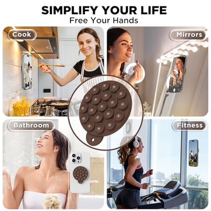 Magnetic Suction Cup Phone Mount with MagSafe, Silicone Hands-Free Grip Holder for iPhone Case and Android, Mirror Shower Phone Stand for Makeup FaceTime Gym Kitchen Bathroom, Chocolate - color: Chocolate