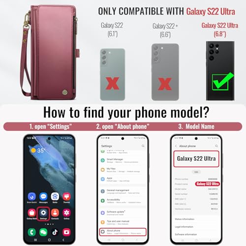 Defencase for Samsung Galaxy S22 Ultra Wallet Case with Card Holder, W-Red | Durable PU Leather, with RFID Blocking Zipper Pocket, Wrist Strap, S22 Ultra Flip Phone Cases Cover with Stand for Women Men - color: Elegant Wine Red