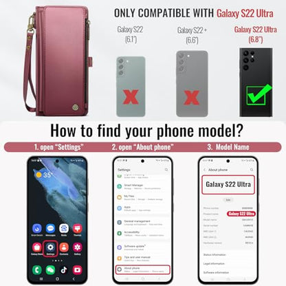 Defencase for Samsung Galaxy S22 Ultra Wallet Case with Card Holder, W-Red | Durable PU Leather, with RFID Blocking Zipper Pocket, Wrist Strap, S22 Ultra Flip Phone Cases Cover with Stand for Women Men - color: Elegant Wine Red