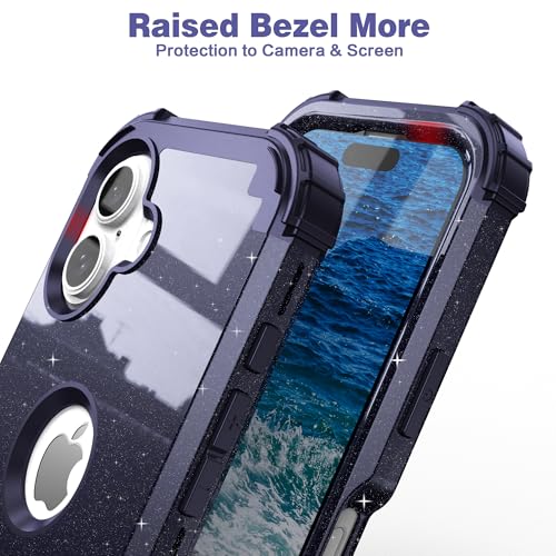 IDweel for iPhone 17 Case with Screen Protector for Women, 3 in 1 Shockproof Slim Fit Hybrid Heavy Duty Hard PC Cover Soft Silicone Bumper Full Body Anti-Fingerprint Case, Glitter Black/Blue - color: Glitter Black/Blue