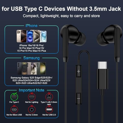 USB C Samsung Earbuds Wired for Samsung Galaxy A57 A37 S26 Ultra S25 Edge - color: Black