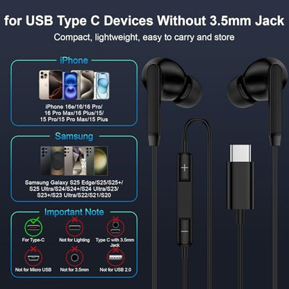 USB C Samsung Earbuds Wired for Samsung Galaxy A57 A37 S26 Ultra S25 Edge - color: Black