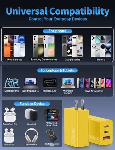 85W Dynamic Power GaN USB-C Fast Charger, 2C1A 3-Port, Max 65W, 2 Pack - color: Yellow, size: 2Pack