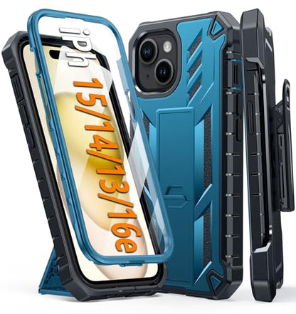 FNTCASE for iPhone 15/14/13 Case, with Belt Clip, Built-in Screen Protector | Rugged Kickstand, 20FT Military-Grade Drop Protection, Heavy Duty Shockproof Holster, Full Protective Phone Cover, Orange - color: T-Blue